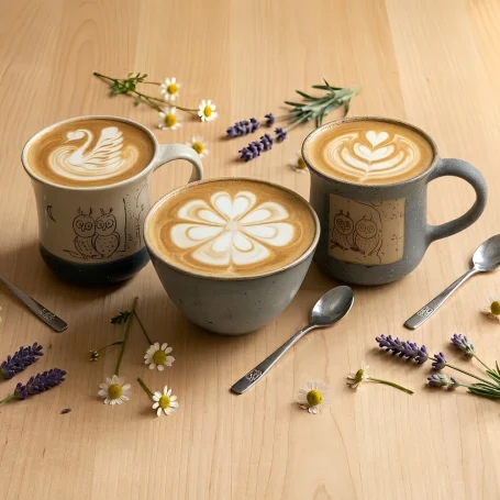 Zwei Tassen & eine Trinkschale mit frischem Milchkaffee im Café Hirsch Tübingen - unsere beliebten handgetöpferten "Hirsch"-Tassen