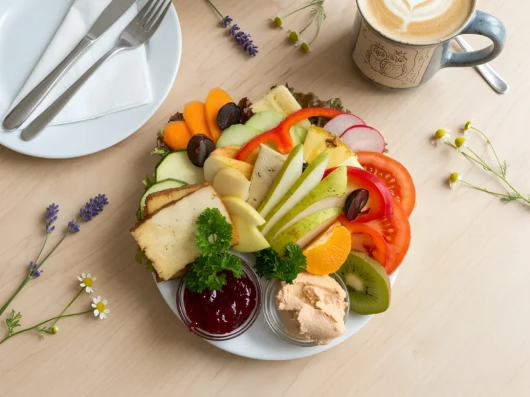 Veganes Frühstück Frühstücksteller mit Räuchertofu, Marmelade, Margarine, veganem Aufschnitt & Aufstrich; reichlich Obst & Gemüse; Café im Hirsch, Tübingen