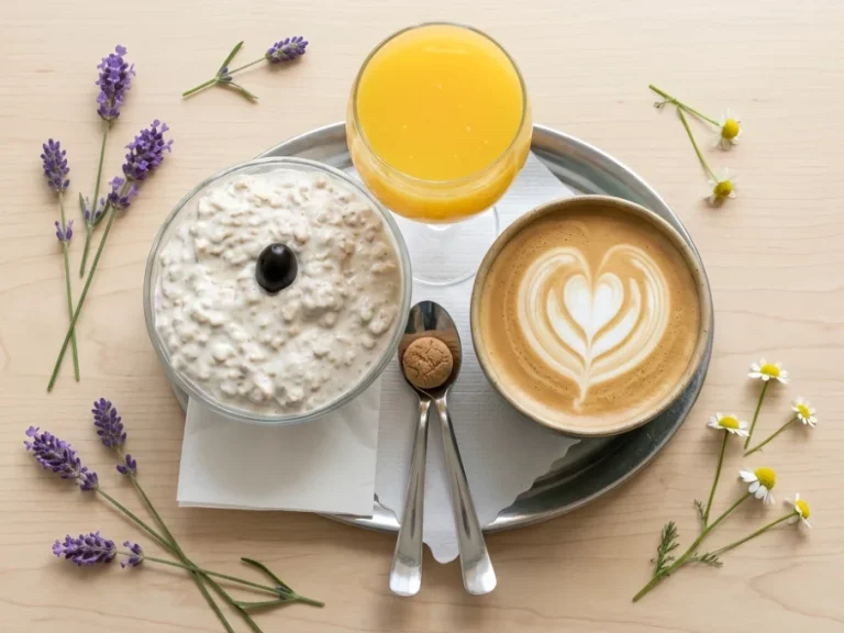 Fitness-Frühstück Mittelgroße Schale Birchermüsli ("Hirsch"-Müsli) mit kleinem Orangensaft & einem großen Heißgetränk; Café im Hirsch, Tübingen
