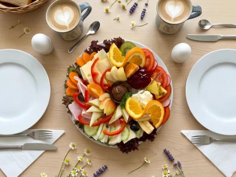 Schlemmer-Frühstück für 2 Personen; Café im Hirsch; Tübingen Frühstück für 2; Brie, Koch- & Rauchschinken, Salami, , Gouda, Marmelade, Nutella, mit viel Obst und Gemüse; Café im Hirsch in Tübingen