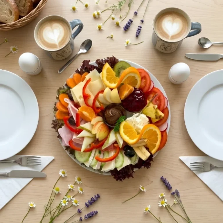 Reichhaltig garniertes Schlemmer-Frühstück mit viel Obst und Gemüse im Café im Hirsch in Tübingen