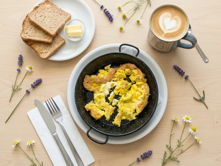 Rührei-Frühstück Rührei mit Schnittlauch aus 3 Eiern dazu 3 Scheiben Dinkel-Toast, Butter und ein großes Heißgetränk; Café im Hirsch, Tübingen