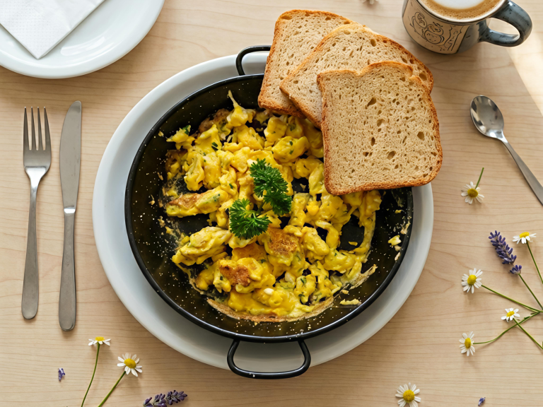 Rührei-Frühstück Rührei mit Schnittlauch aus 3 Eiern dazu 3 Scheiben Dinkel-Toast, Butter und ein großes Heißgetränk; Café im Hirsch, Tübingen