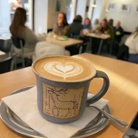 Frischer Milchkaffee in der charakteristischen Hirsch-Tasse - zubereitet mit Demeter-Frischmilch und fairem Bio-Kaffee
